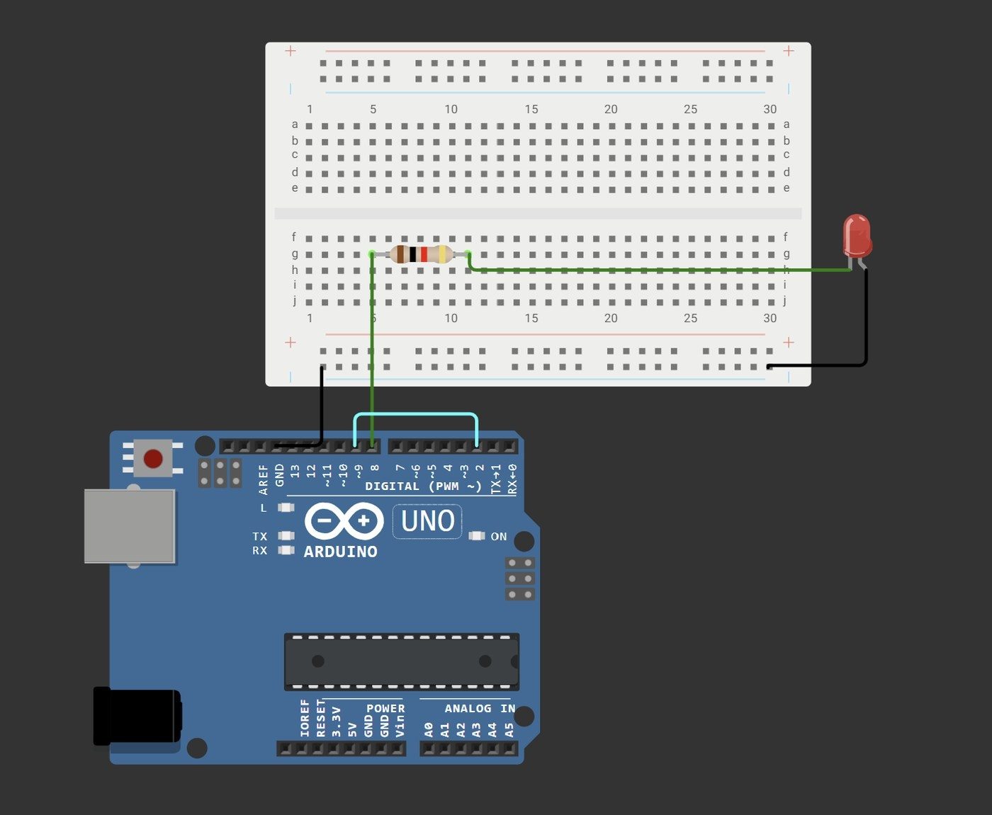 Wokwi simulation of an Arduino with output pin 9 jumpered to interrupt pin 2